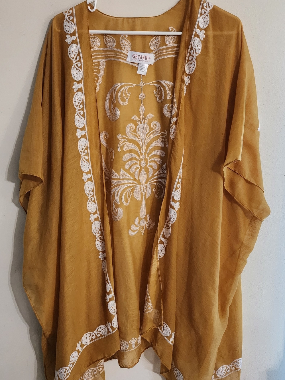 Shyanne Mustard Yellow White Embroidered Open Front Kimono Cardigan Cover-Up